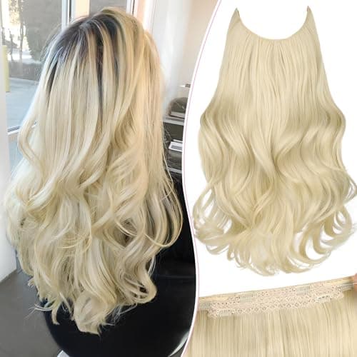 Invisible Wire Hair Extensions with Transparent Wire Adjustable Size 4 Secure Clips Long Wavy Secret Hairpiece 20 Inch for Women(Platinum Blonde) - Image 1