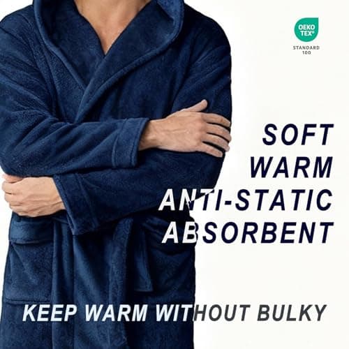 Lagtew Men's Hooded Fleece Bathrobe, Absorbent Anti-Static Plush Robe for Men with Pockets, Warm Soft for Home,NAVY,S/M - Thumbnail 4