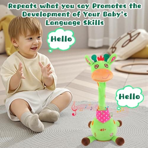 MIAODAM Dancing Giraffe Interactive Toy, Singing 10 Children's Song, Stuffed Baby Toy Repeats What You Say, Colorful Glowing Plush Toys for Toddler Easter Day Gifts for Kids (Green Giraffe) - Thumbnail 5