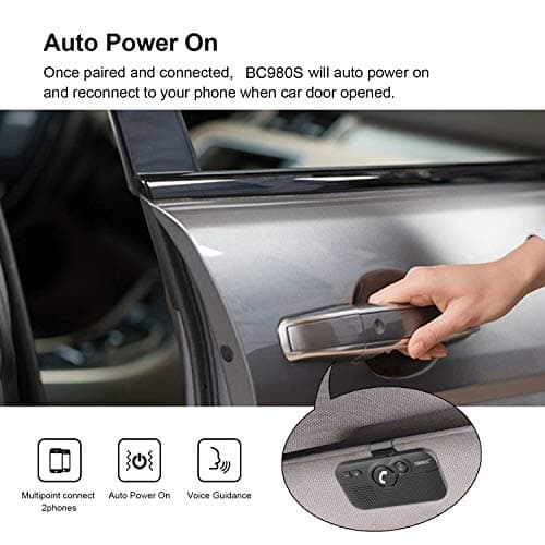 SUNITEC Handsfree Bluetooth Car Kit for Cell Phone, Wireless Bluetooth Speaker for Car, AUTO Power ON Support Siri Google Voice Assistant Hands Free Phone Speakerphone with Visor Clip-BC980SA - Thumbnail 4