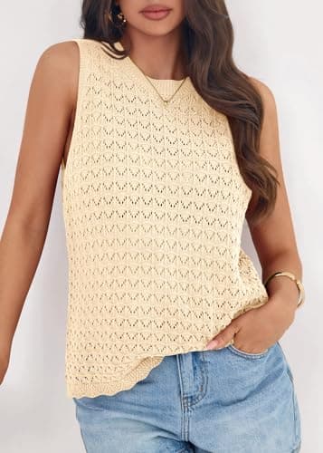 KIRUNDO Sweater Vest Women Crochet Tank Tops 2026 Spring Summer Sleeveless Knit Pullover Beach Cover Up Vacation Outfits (Beige, XX-Large) - Thumbnail 5