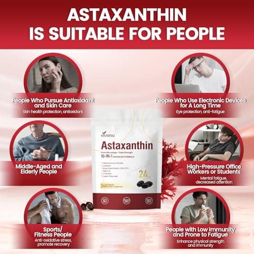 10 in 1 Astaxanthin Supplements 24mg, 4 Month Supply, Astaxantina Antioxidant from Fresh Haematococcus Pluvialis, Contains Lycopene, Grape Seed, Vitamin E, & More Supports Eye, Joints, Skin Health - Thumbnail 6