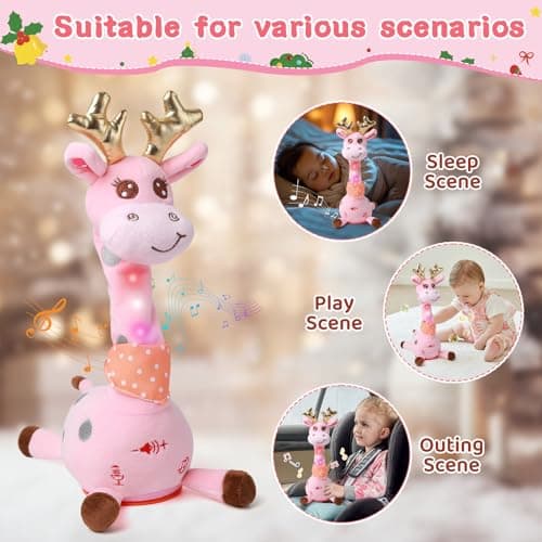 Dancing Talking Giraffe with Golden Antlers Toy, Stuffed Animal Baby Toy Repeating What You Say, Glowing Musical Electronic Giraffe with Golden Anlters Easter Gifts for Toddlers 1-3 Years Old (pink) - Thumbnail 4