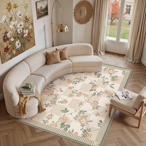 HUGEAR 6x9 Checkered Area Rugs Machine Washable Beige Living Room Rug Floral Print Non-Slip Stain Resistant Low Pile Indoor Throw Carpet for Bedroom Home Unique Aesthetic Modern Decor - Image 1