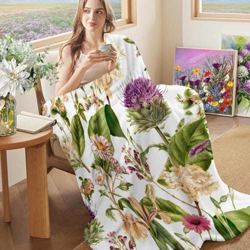 yuboo Spring Green Watercolor Floral Throw Blanket, Soft Flannel Blanket Gifts for Women Kids Girls, Gift for Home Business Travel Botanical Home 50 x 60 Inch - Thumbnail 5