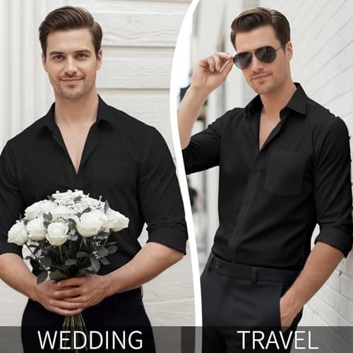 YARBCEN Men's Dress Shirts Slim Fit Long Sleeve Wrinkle Free Stretch Button Down for Business Casual and Formal Wear Black - Thumbnail 6