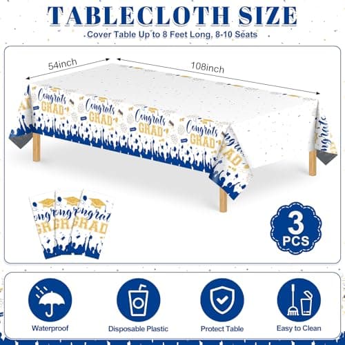NatNarr 3 Pack Plastic Graduation Tablecloth, Graduation Decorations 2026 Disposable Rectangle Blue White Table Cover, 2026 Gongrats Grad Table Cloths for Graduation Party Decorations, 54x108Inch - Thumbnail 2