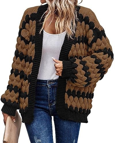KIRUNDO Women's Cable Knit Sweater Cardigan Open Front Chunky Fall Long Sleeve Color Block Stripe Casual Soft Cardigan Sweater Fall Clothes 2026(Camel, X-Large) - Image 1