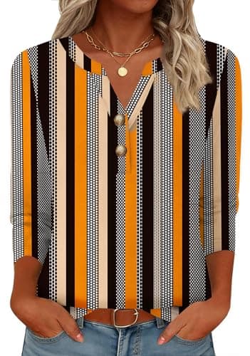GKBK Woman Tops 3/4 Length Sleeve V Neck Button Down Loose Fit Shirts Business Casual Basic Tees Summer Fashion 2026 Dressy Casual Going Out Ladies Blouses Trendy Outfits Striped Dots S - Image 1