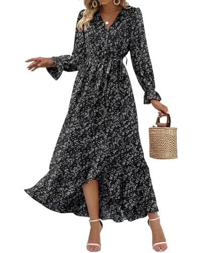 BTFBM Womens Dresses Spring Clothes 2026 V Neck Floral High Waist Ruffle Wedding Guest Cocktail Boho Long Sleeve Dress(Floral Black, X-Large) - Image 1