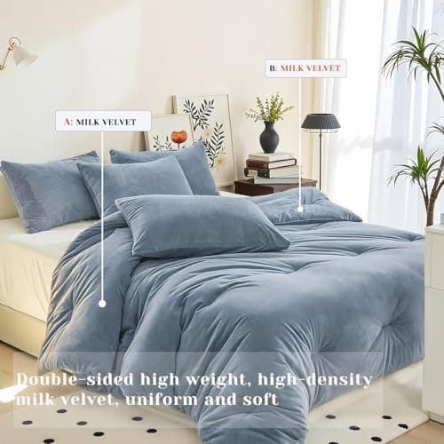 Hailyuwl Velvet Comforter Set Twin Size, Grey Blue Fluffy Velvet 3 Piece, Soft Breathable Luxury Winter Warm Bedding Sets, with 1 Cozy Comforter, 2 Pillow Shams - Thumbnail 2