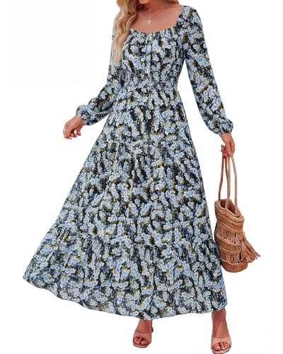BTFBM Long Sleeve Dress for Women 2026 Spring Fall Boho Floral Square Neck Casual Flowy Long Wedding Guest Maxi Dresses(Floral Blue Yellow, Medium) - Image 1