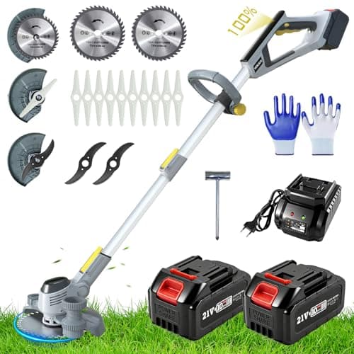 6000mAh Electric Weed Wacker Cordless, 21V Battery Powered Weed Eater with 3 Types Blades, 2 in 1 Brush Cutter/Edger Tool, for Lawn, Yard and Bush Trimming, 2 Battery - Image 1