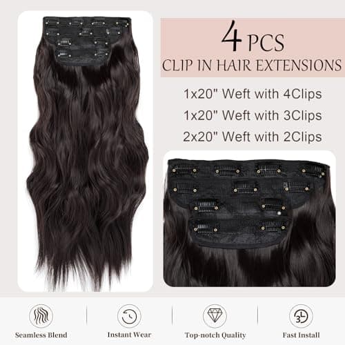 NEOWIG Dark Brown Clip in Hair Extensions 20 Inch Long Wavy Hair Extensions for Women Natural Synthetic Hairpieces 4 Pcs - Thumbnail 2