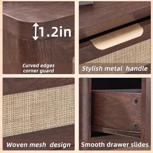 LEYAOYAO Rattan Nightstands Set of 2 with Charging Station, 23" Wide Boho Night Stand with Drawer, Walnut Bedside Table Open Cabinet, Bed Side End Table Dresser for Bedroom, Living Room, Hallway - Thumbnail 6