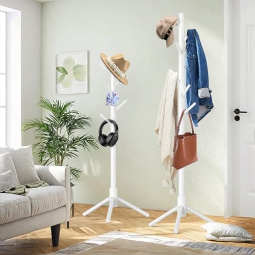OUTGAVA Wooden Coat Rack Freestanding with 8 Hooks,Easy Assembly New Zealand Pine Tree Coat Racks, 3 Adjustable Sizes for Clothes, Hats, Bags, for Entryway, Hallway, Bedroom, Office (White, 2 PCS) - Thumbnail 6