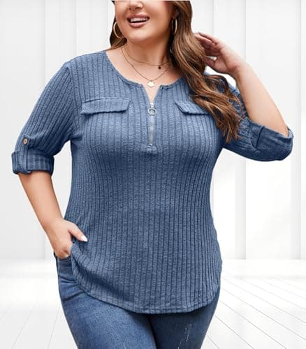 Hithymo Tunic Tops for Women Plus Size, 4XL Long Sleeve V Neck Zipper Shirts Warm Soft Lightweight Office Sweaters Flattering Quarter Zip Spring Fall Outfits Blue - Thumbnail 4
