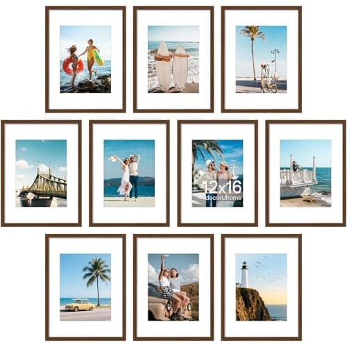 decorUhome 12x16 Picture Frame Set of 10, Display Photos 8.5x11 with Mat or 12x16 Unmatted for Picture Frames Collage Wall Decor, Brown - Image 1