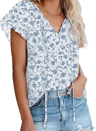 Dokotoo Womens Boho Floral V-Neck Short Sleeve Plus Size Chiffon Shirt XXL - Sky Blue - Image 1