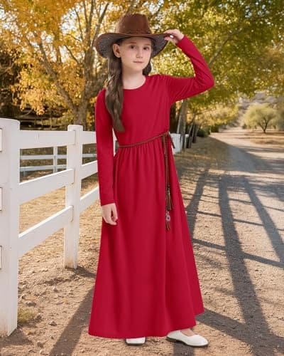 Stelle Girls Maxi Dress Long Sleeve Crew Neck Casual Dresses Fall Flowy Dress with Pockets Party Holiday Outfits Red - Thumbnail 4