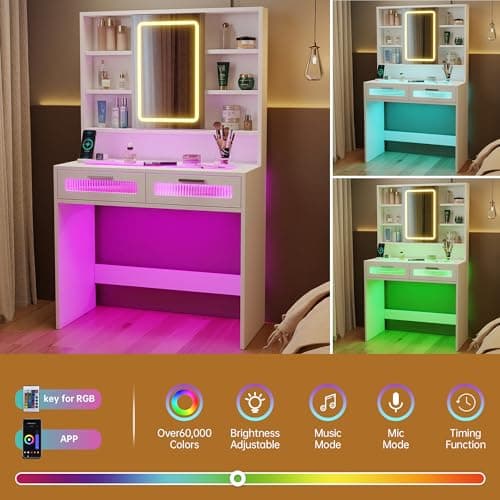 Hadulcet White Vanity Desk with Mirror and Lights, 35.5" Small LED Makeup Vanity Desk with 2 Acrylic Drawers, 6 Storage Shelves and Power Outlets for Girls Women Bedroom Dressing Room - Thumbnail 5
