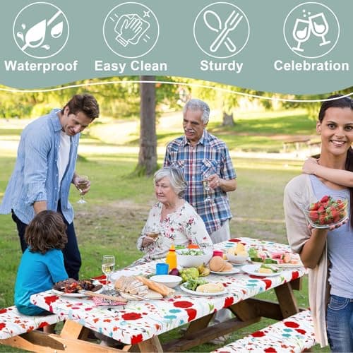 misaya Picnic Table Cover with Bench Cover, Waterproof Elastic Fitted Tablecloth for 6 Foot Tables, Rectangle Washable Polyester Fabric Tablecloths for Picnic, Camping, Outdoor (Flower, 30" x 72") - Thumbnail 4