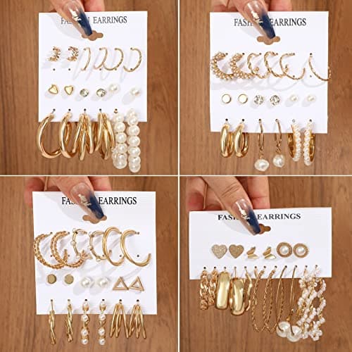 FAXHION 36 Pairs Gold Earrings Set for Women, Fashion Pearl Chain Link Stud Drop Dangle Earrings Multipack Hoop Earring Packs, Hypoallergenic Earrings for Birthday Party Jewelry - Thumbnail 5