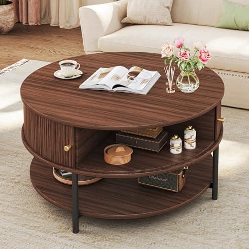HUAHUU 31.5" Round Coffee Table with Storage, Mid Century Modern Coffee Table with Sliding Cabinet Door, Round Metal Legs, 3-Tier Small Round Coffee Tables for Living Room, Walnut - Image 1