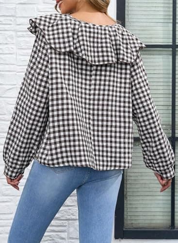 Astylish Womens Cute Peter Pan Bow Tie Blouse Top Casual V Neck Fashion Ruffle Long Sleeve Elegant Gingham Plaid Work Blouses 2026 Spring Shirts Coffee XX-Large - Thumbnail 3