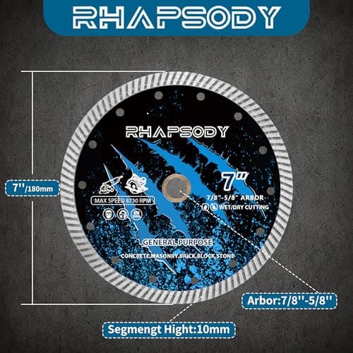 RHAPSODY 7Inch Diamond Saw Blade 2pcs,Continuous Turbo Rim General Purpose Blade Dry/Wet Cutting Concrete,Masonry, Brick, Block,Stone,Paver 7/8"-5/8" Arbor - Thumbnail 2