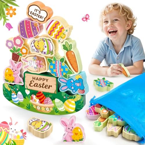 IPOURUP Easter Basket Stuffers Gifts for Kids Toddler Easter Toys 11 Pcs Wooden Stacking Blocks Toy for 3 4 5 6 7 8 9 10 Year Old Boys Girls Kid Balance Competition Games for Ages 5-7 Toddlers Gift - Image 1
