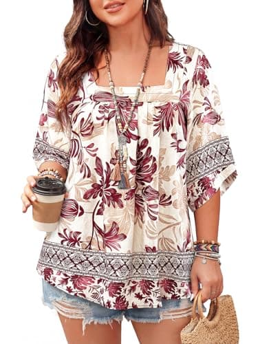 Bulotus Womens Plus Size Blouses Boho Tops Trendy Fashion 2026 Half Sleeve Square Neck Pregnancy Maaternity Shirts Tummy Control Flowy Flattering Shirt Printed Cocktail Dinner Red Lotus Clothes - Image 1