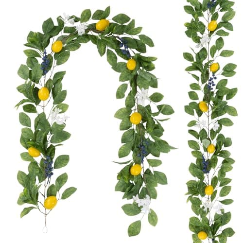 U'Artlines 2Pcs Total 12.6 Ft Artificial Lemon Garland Spring Summer Faux Fruit Vine Garlands with Greenery Leaves Fake Blueberry Fruit for Door Wall Mantle Wedding Party Table Decorations