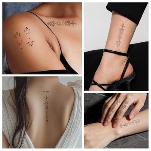 Cerlaza 62 Styles Temporary Tattoos Adult, Henna Hand Finger Fake Tattoos Semi Permanent Tattoo for Women Men, Realistic Long Lasting Small Hannah Tatoo Temporary Kits Stickers Body Art for Neck - Thumbnail 6