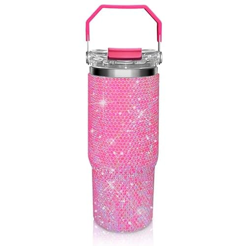 Bling Rhinestone Studded Tumbler with Top Handle, Bling Cups Stainless Steel Water Bottle Diamond Glitter Tumbler for Women - Birthday Gifts for Women, Mom,Get Well Soon Gifts (Fuschia) - Image 1