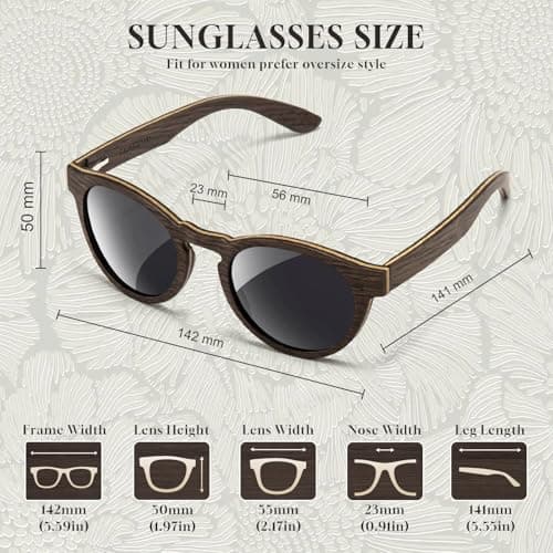 SUNGAIT Premium Walnut Wood Sunglasses Womens Classic Round Polarized Vintage Wooden Shades UV400 (Walnut Frame/Grey Lens) - Thumbnail 5