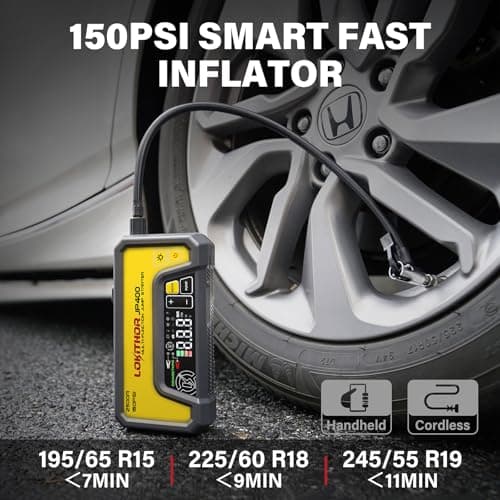 LOKITHOR JP400 Jump Starter with Air Compressor, 2500A 12V Portable Car Battery Booster Pack (8.5L Gas/6.5L Diesel) with ConnectMax Tech, 150PSI Tire Inflator, Auto-Shutoff & Dynamic Dwell (Yellow) - Thumbnail 3