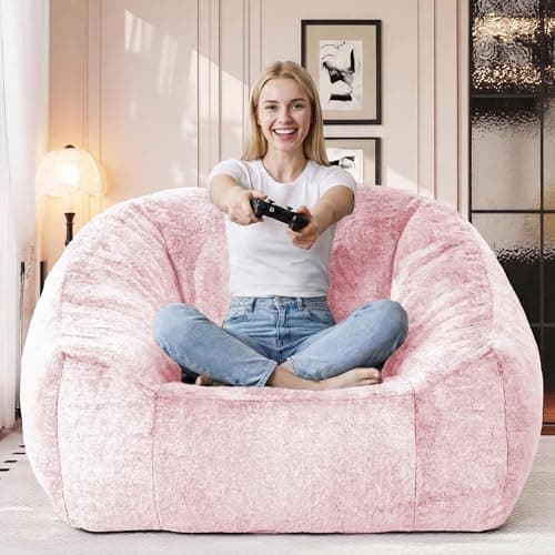 lilanoon Bean Bag Chairs for Adults, Giant Beanbag Sofa Comfy Reading Chair, Oversized Bean Bag Chairs for Living Room Bedroom, Soft Faux Fur Fabric, 3.2FT, Pink, Plush - Image 1