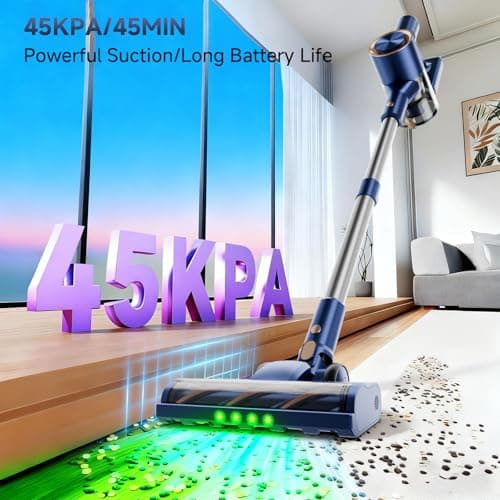Shieal Cordless Stick Vacuum Cleaner - 45KPA Powerful Suction Vacuum with 45 Min Runtime, Detachable Battery, Anti-Tangle & 1.5L Dust Cup, 8 in 1 Vacuum Cleaner for Pet Hair, Carpet, HardFloor, Blue - Thumbnail 2