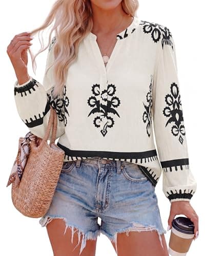 BTFBM Womens Tops Spring Casual Long Sleeve Shirts Button Up V Neck Bohemian Blouses Loose Tunics Vacation Outfits(Apricot Black Floral,XX-Large) - Image 1