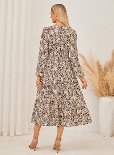 GRACE KARIN Long Sleeve Dress for Women 2026 Spring Wedding Guest Dress Floral Boho A Line Flowy Maxi Dresses with Pockets Brown 2XL - Thumbnail 5