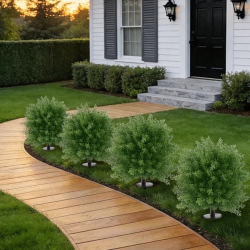 U'Artlines 23.6" Artificial Cedar Topiary Ball Trees with Ground Spike, Faux Cypress Greenery Plants UV Resistant Fake Shrubs Bushes for Front Porch Garden Yard Outdoor Decor, Set of 2 - Thumbnail 5