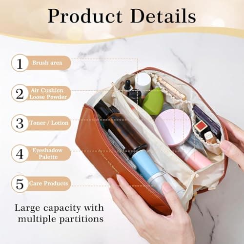 LSLCQW Makeup Bag, Portable Cosmetic Bag, Large Capacity Travel Makeup Case Organizer, Black For Women Toiletry Bag for Girls Traveling With Handle and Divider (Brown) - Thumbnail 3