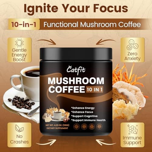 Catfit Instant Mushroom Coffee Powder, 10-in-1 Adaptogen Blend with Lion's Mane, Chaga & Cordyceps for Energy, Focus, Gut Health & Immune Support - 240g, 75 Servings - Thumbnail 3