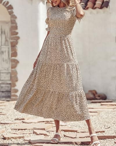 BTFBM Women Casual Summer Dresses 2025 Spring Crew Neck Ruffle Short Sleeve Floral Print Smocked Boho Flowy Maxi Dress(Dot Apricot Coffee, X-Large) - Thumbnail 2