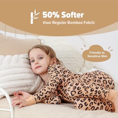 NewSeed So Soft Kids 2-Piece Viscose from Bamboo Outfit Set, Long Sleeve Top & Leggings, Cozy Base Layer for Boys & Girls (Leopard Print, 7-8Y) - Thumbnail 2