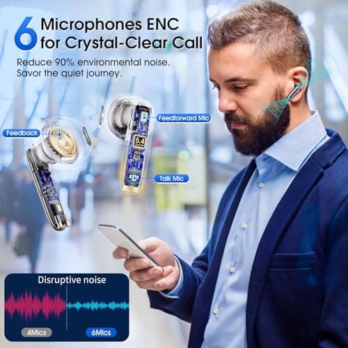 Wireless Earbuds Bluetooth 5.4 In Ear Buds 6 Mic ENC Noise Cancelling Clear Calls, Deep Bass HiFi Stereo Sound Earphones 35H Playtime LED Power Display IPX7 Waterproof Headphones for Android iOS Black - Thumbnail 2