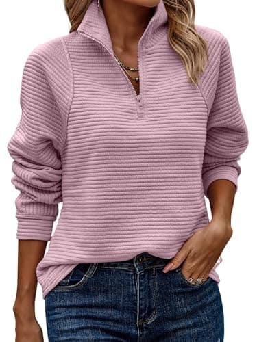ECOWISH Women Tops Quarter Zip Fall Winter Tunics Casual Oversized Pullover Ribbed Quilted V Neck Collared Outfits Loose 2026 Pink X-Large - Image 1