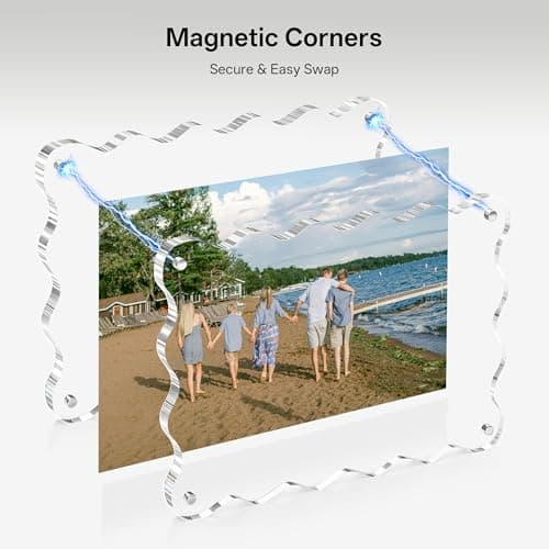 eletecpro 4x6 Clear Acrylic Picture Frame Set of 5, Double-sided Frameless Magnetic Frames Display Floating Photo Effect, Standless and Curved Wave Design, Scalloped Rim Modern Decor, Transparent - Thumbnail 3