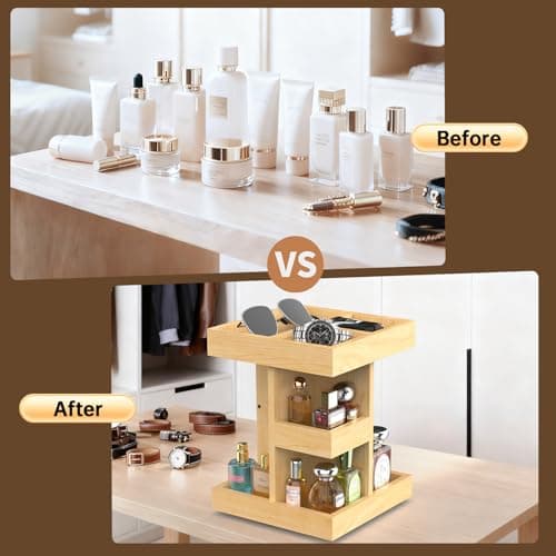 VLXXOI Cologne Organizer for Men Rotating Bathroom Counter Organizer, 3-Tier Solid Wood Storage Caddy, 360-Degree Rotating Stand, Burlywood (Burlywood A) - Thumbnail 5
